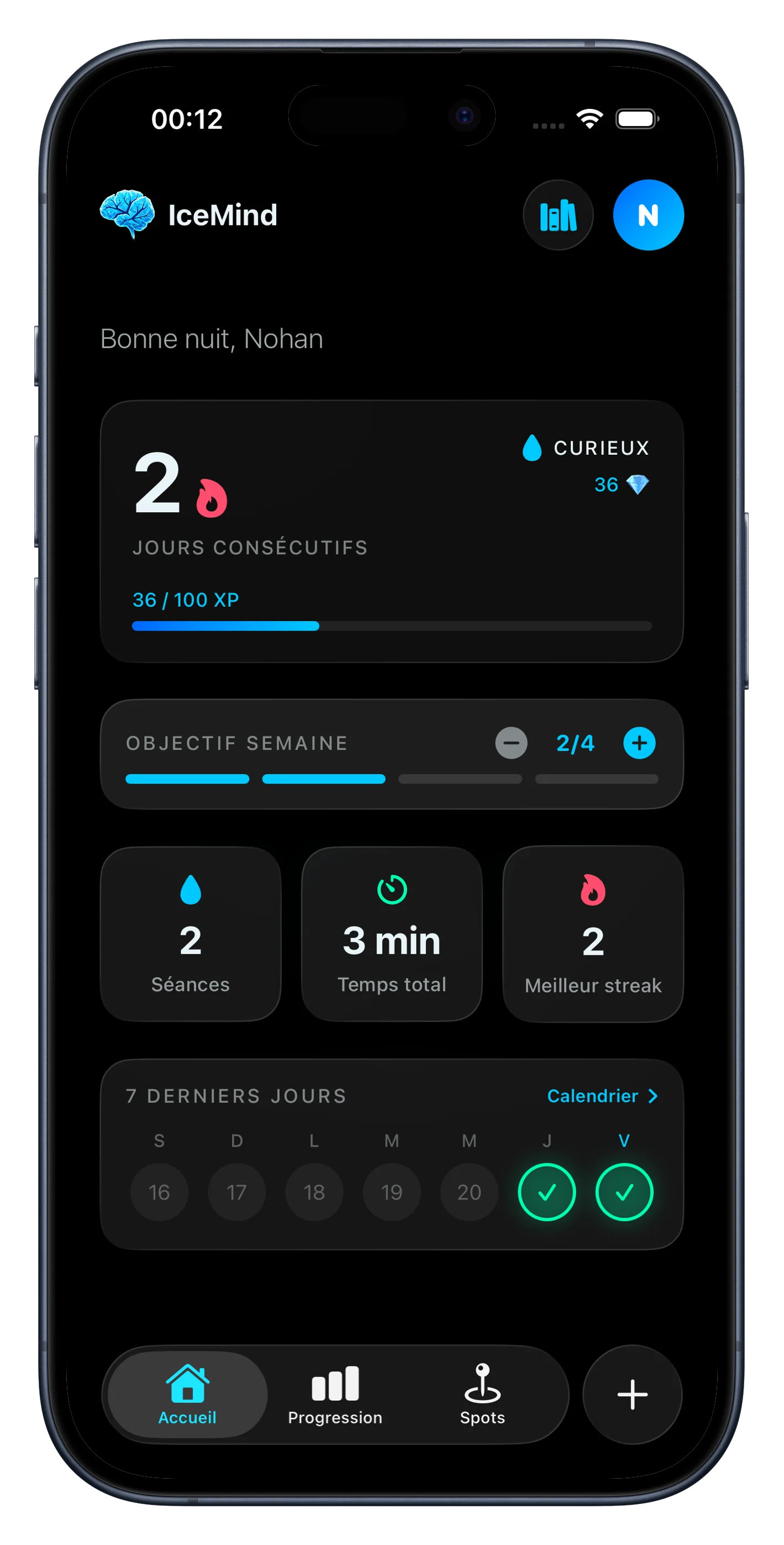 Écran d'accueil de l'app IceMind